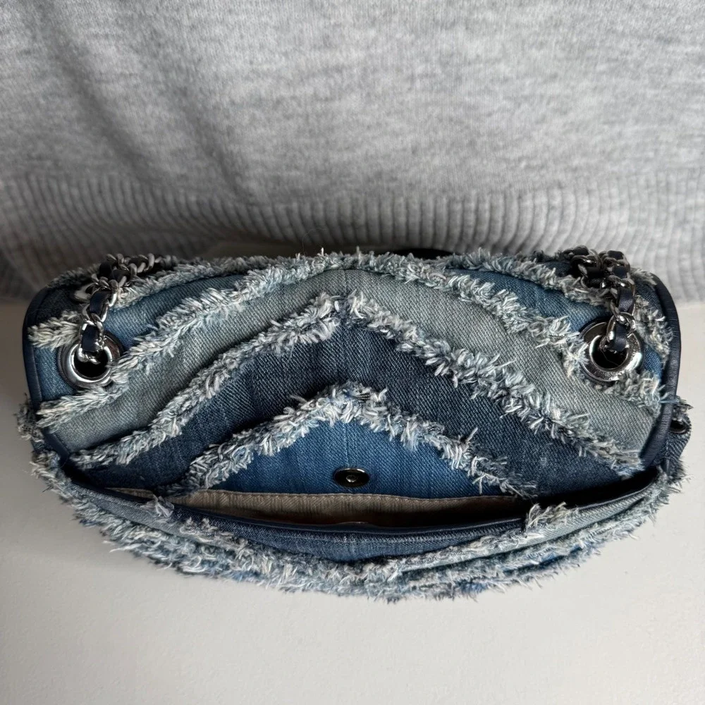 Michael Kors Sloan Large Denim Patchwork Frayed Chevron Shoulder Bag Blue Silver - Picture 6 of 15